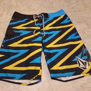 Volcom Men's Board Shorts - Black, Blue, Yellow Zigzag - Medium